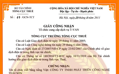 Công ty Thái Sơn cung cấp dịch vụ khai thuế qua mạng T-VAN